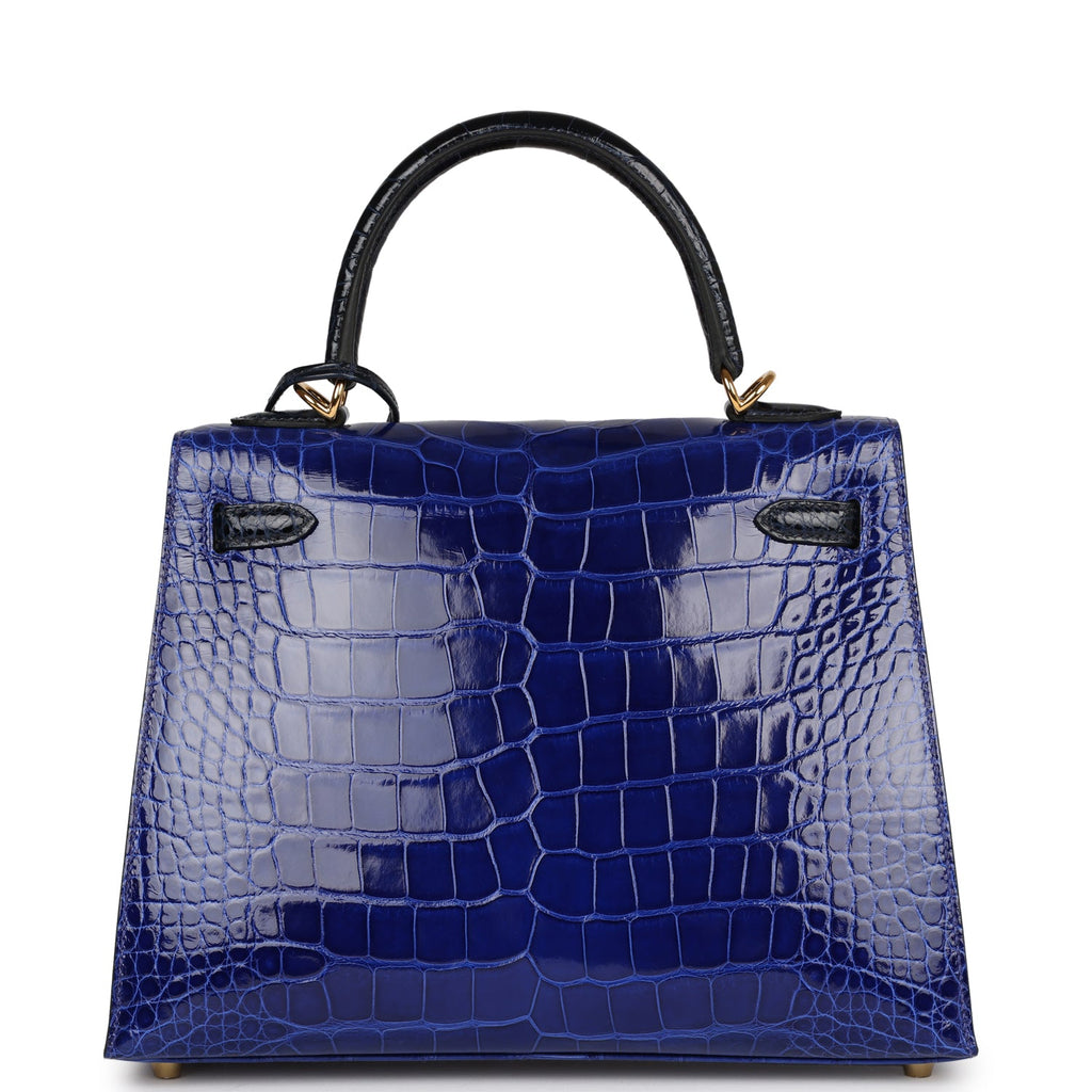Hermès Special Order (HSS) Kelly Sellier 25 Bleu Electric and Bleu Marine Shiny Faux Leather Gold Hardware