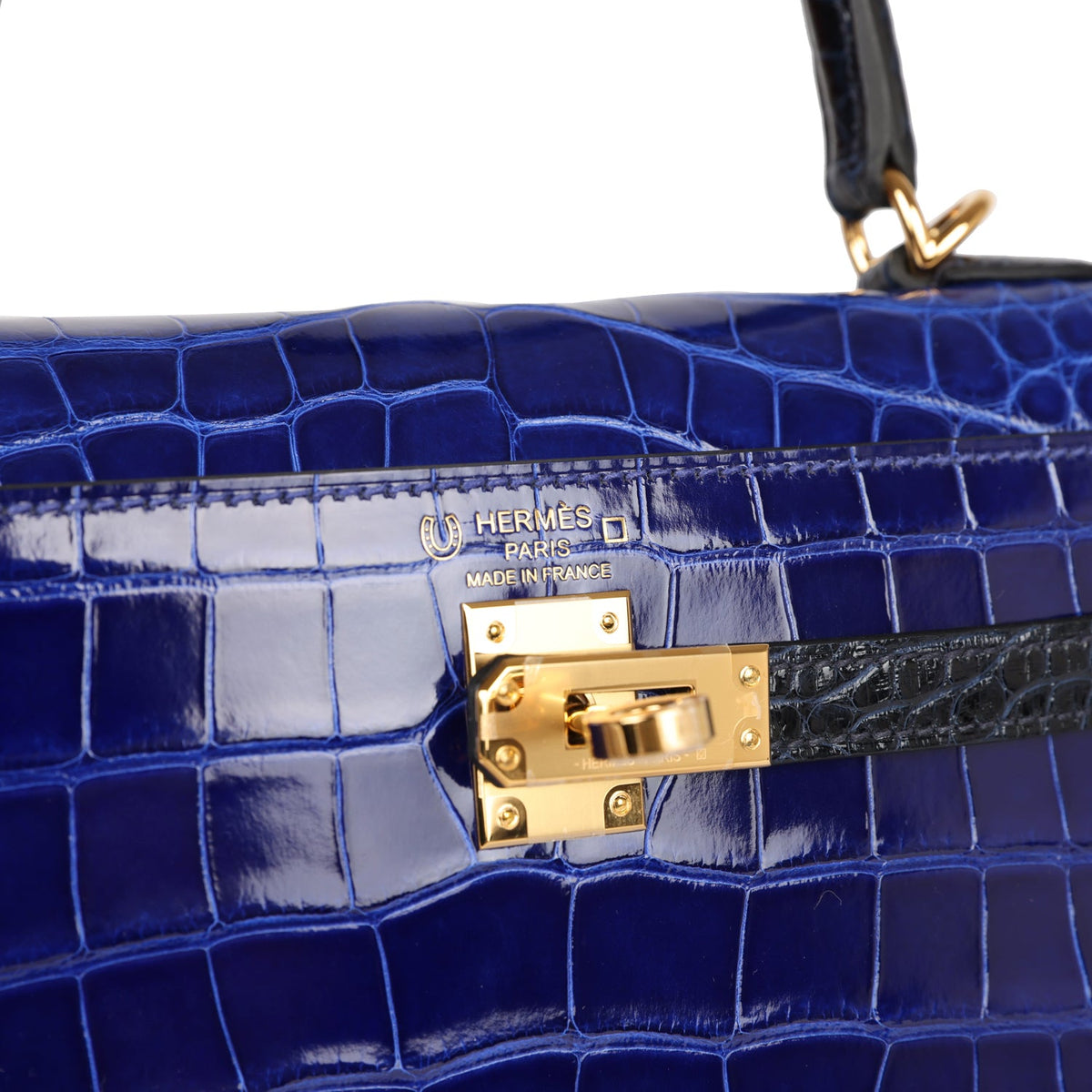 Hermès Special Order (HSS) Kelly Sellier 25 Bleu Electric and Bleu Marine Shiny Faux Leather Gold Hardware
