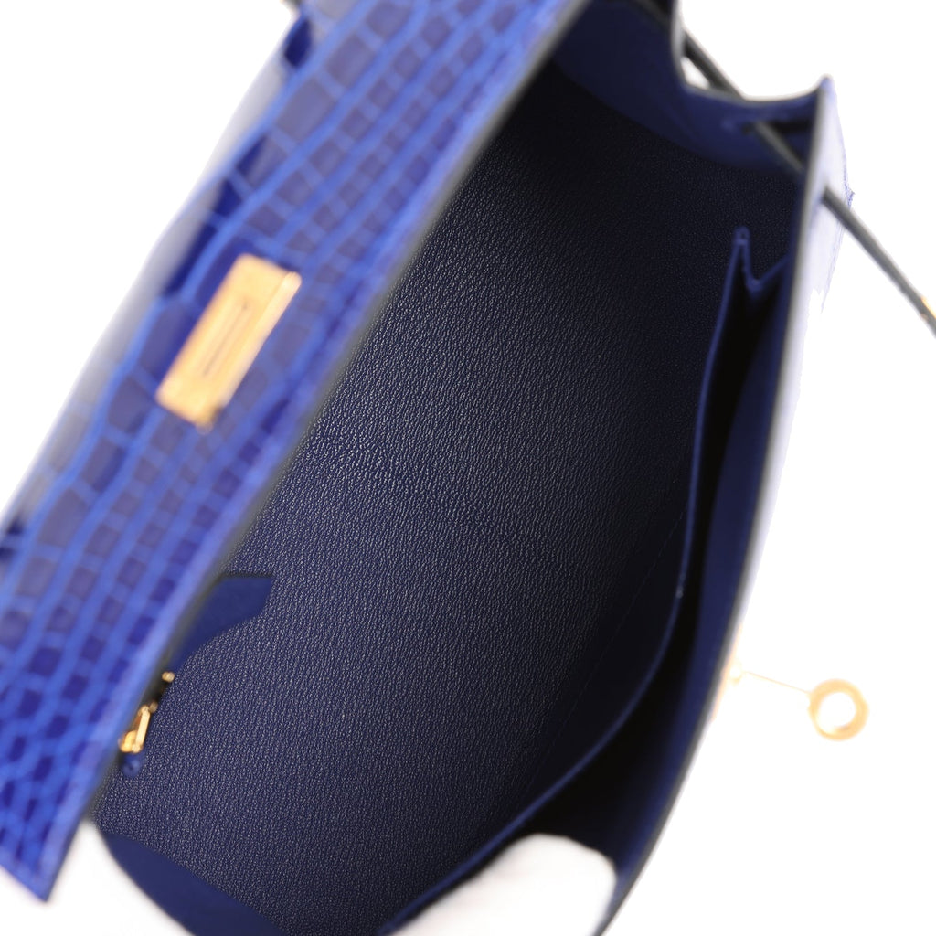 Hermès Special Order (HSS) Kelly Sellier 25 Bleu Electric and Bleu Marine Shiny Faux Leather Gold Hardware