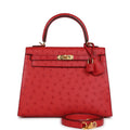 Hermès Special Order (HSS) Kelly Sellier 25 Rouge Vif Verso Ostrich Gold Hardware