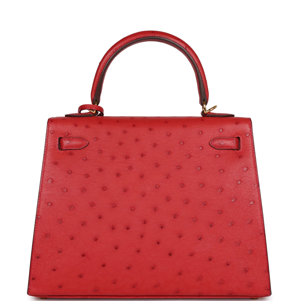 Hermès Special Order (HSS) Kelly Sellier 25 Rouge Vif Verso Ostrich Gold Hardware