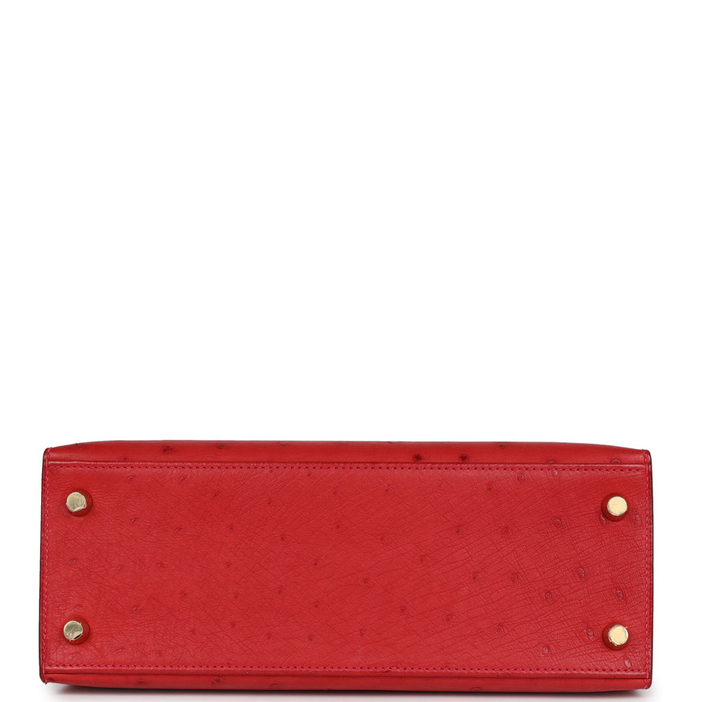 Hermès Special Order (HSS) Kelly Sellier 25 Rouge Vif Verso Ostrich Gold Hardware