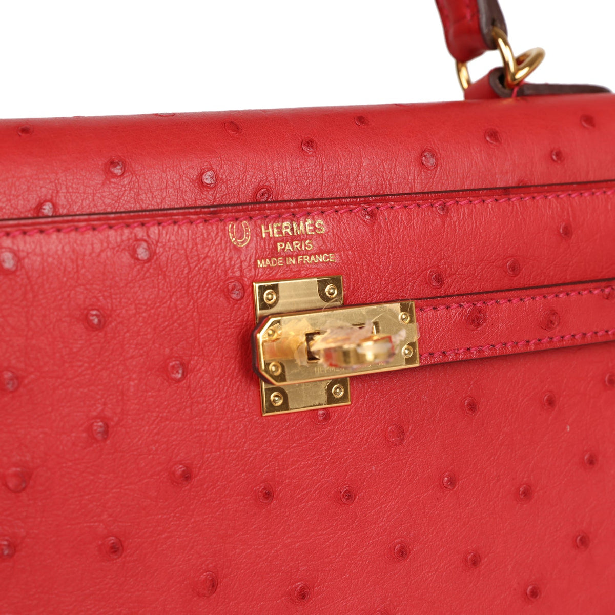 Hermès Special Order (HSS) Kelly Sellier 25 Rouge Vif Verso Ostrich Gold Hardware