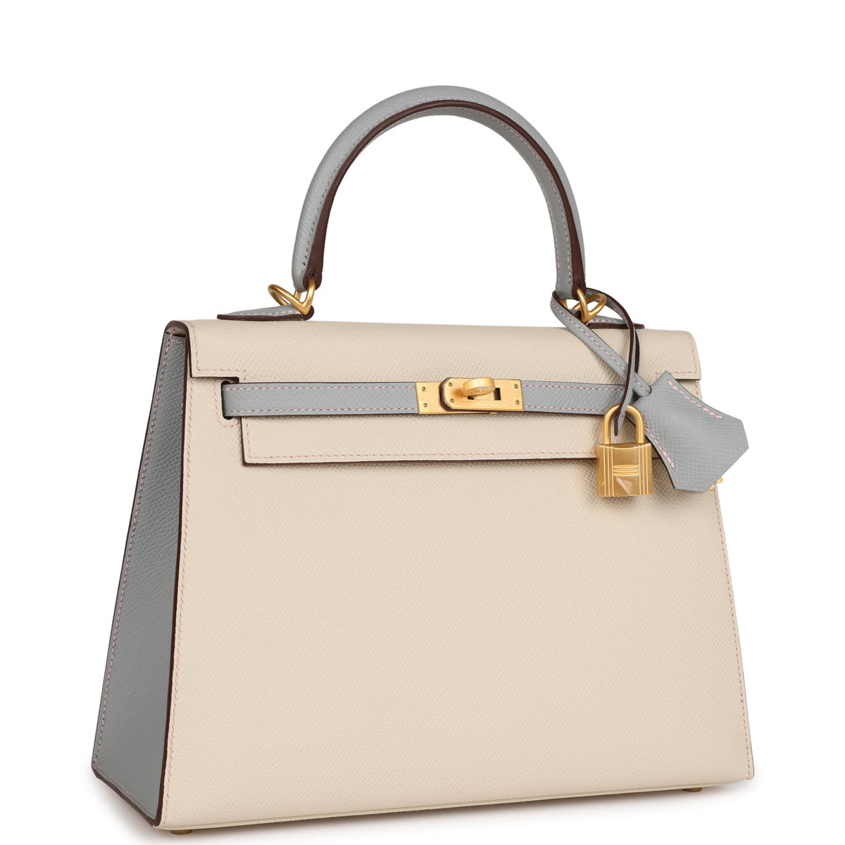 Hermès Special Order (HSS) Kelly Sellier 25 Craie and Bleu Glacier Epsom Brushed Gold Hardware