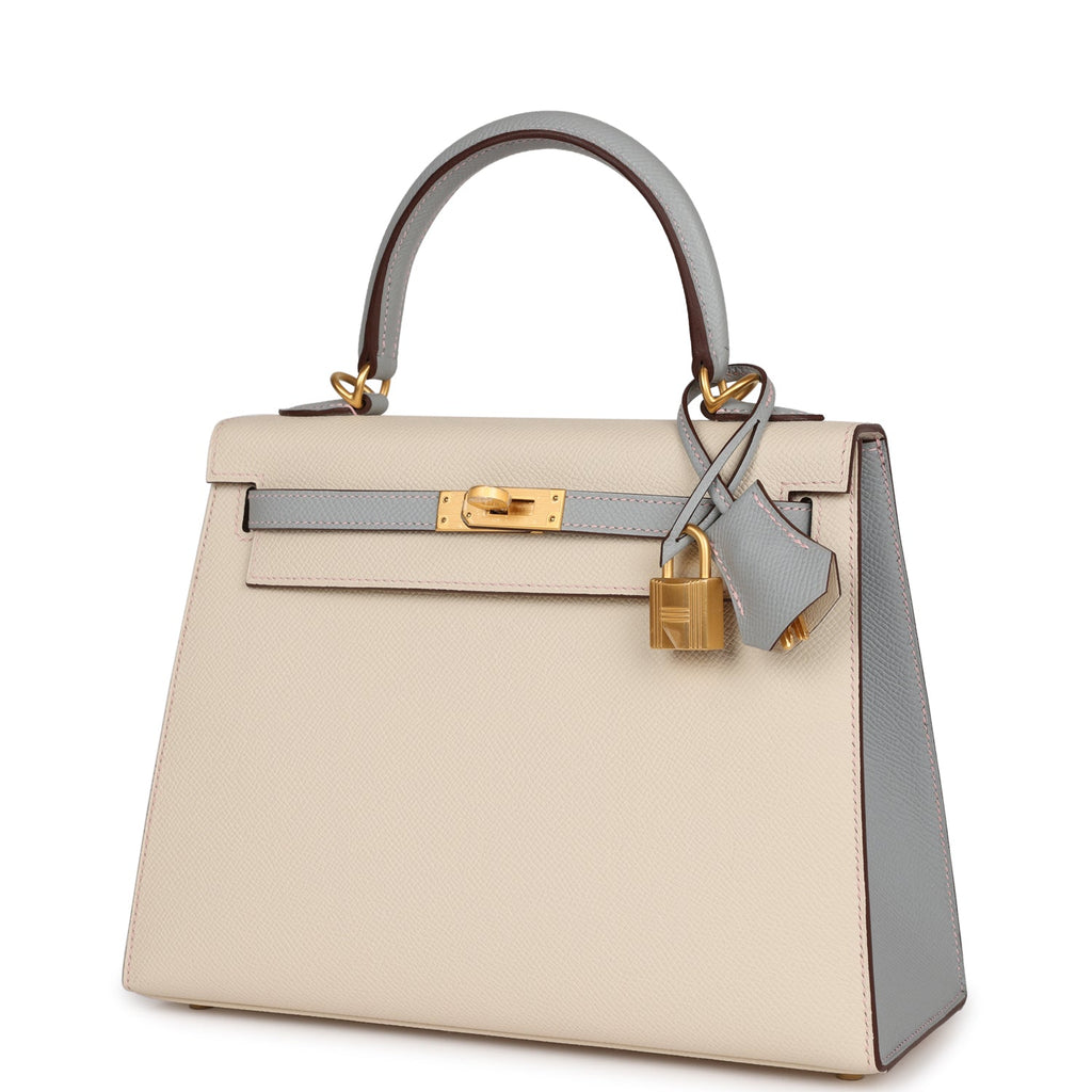 Hermès Special Order (HSS) Kelly Sellier 25 Craie and Bleu Glacier Epsom Brushed Gold Hardware