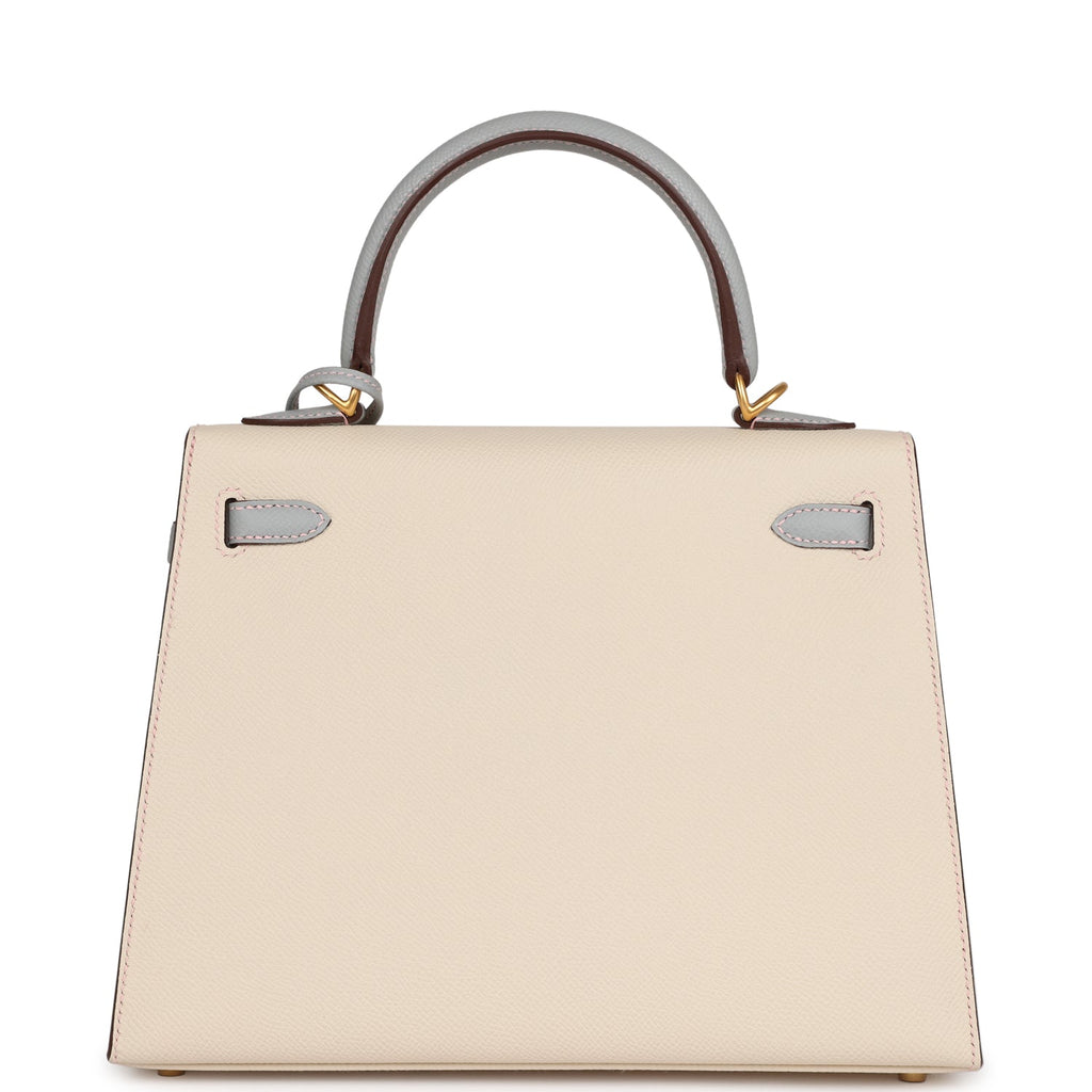 Hermès Special Order (HSS) Kelly Sellier 25 Craie and Bleu Glacier Epsom Brushed Gold Hardware