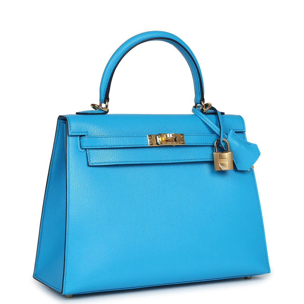 Hermès Kelly Sellier 25 Bleu Frida Chevre Gold Hardware