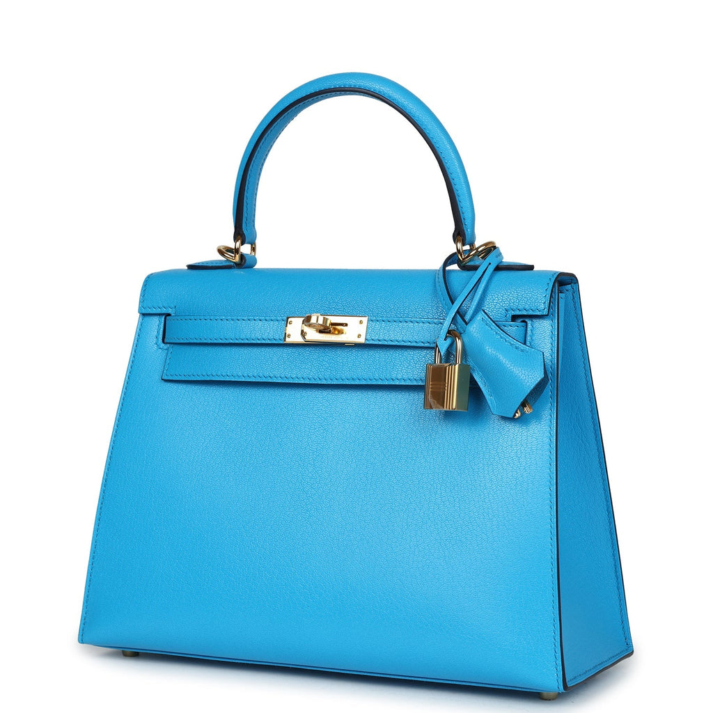 Hermès Kelly Sellier 25 Bleu Frida Chevre Gold Hardware