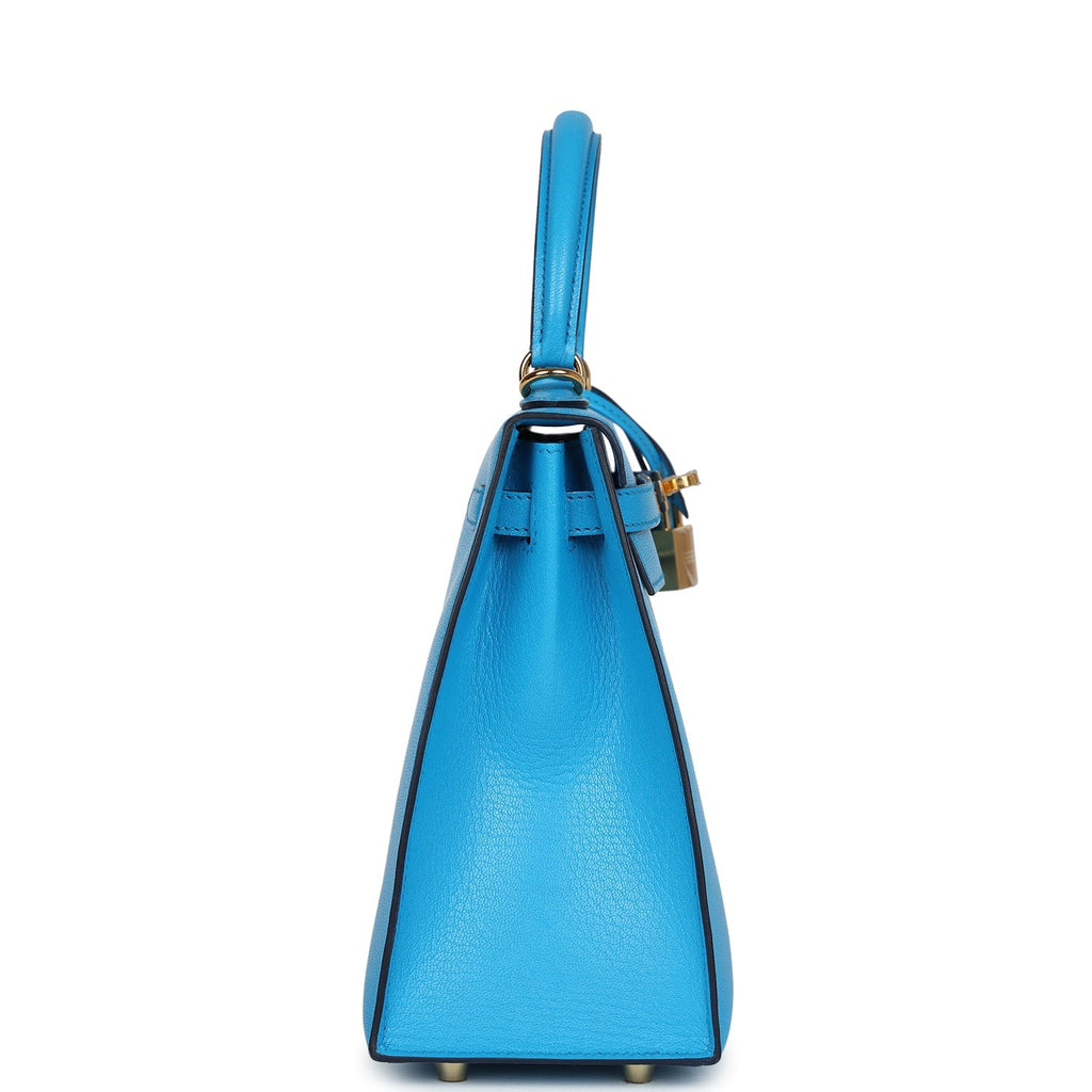 Hermès Kelly Sellier 25 Bleu Frida Chevre Gold Hardware