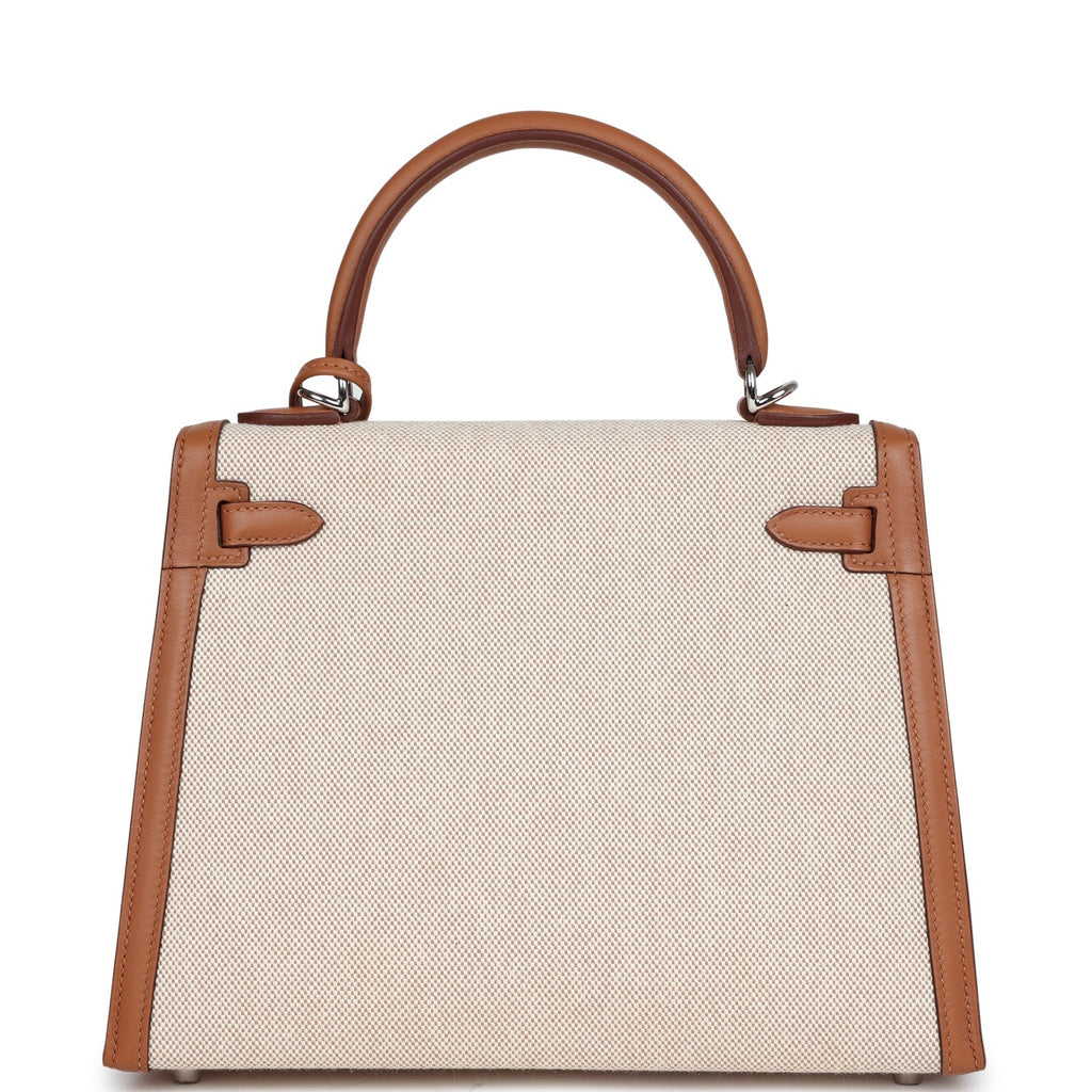 Hermès Kelly Sellier 25 Gold Swift and Ecru Toile Palladium Hardware