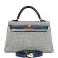Hermès Special Order (HSS) Kelly Sellier 20 Gris Perle and Bleu de Malte Matte Faux Leather Gold Hardware