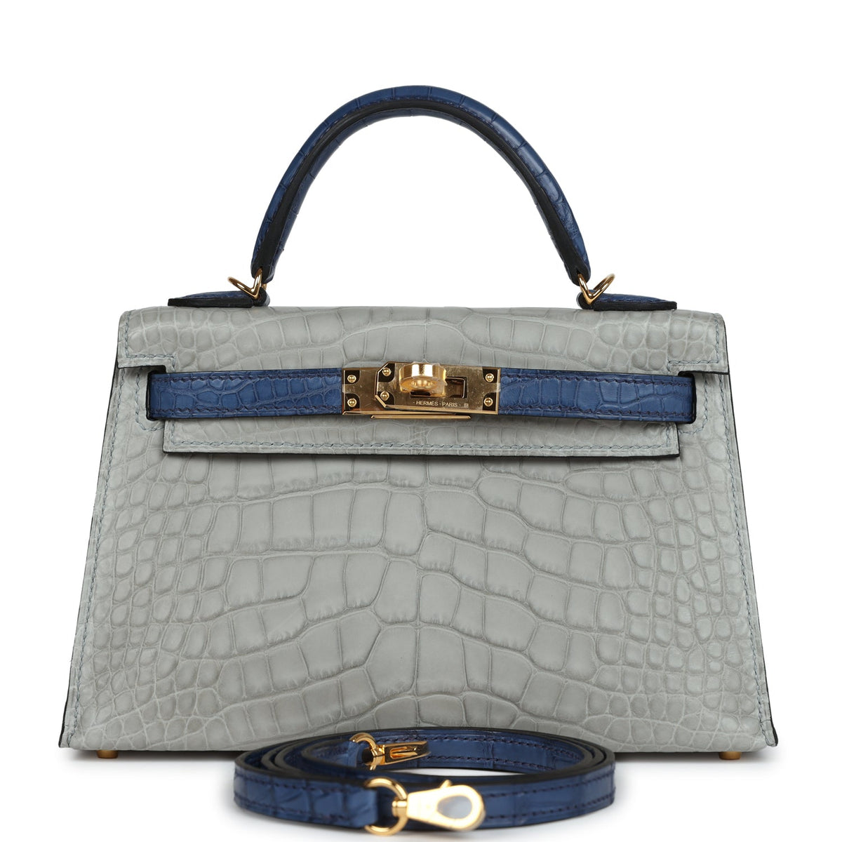 Hermès Special Order (HSS) Kelly Sellier 20 Gris Perle and Bleu de Malte Matte Faux Leather Gold Hardware