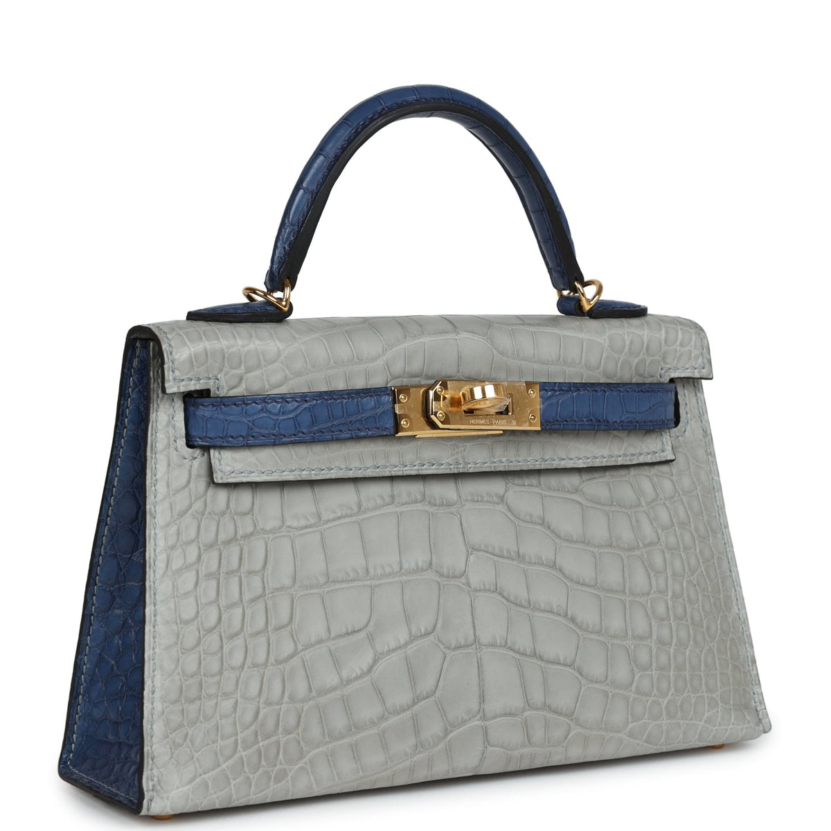 Hermès Special Order (HSS) Kelly Sellier 20 Gris Perle and Bleu de Malte Matte Faux Leather Gold Hardware
