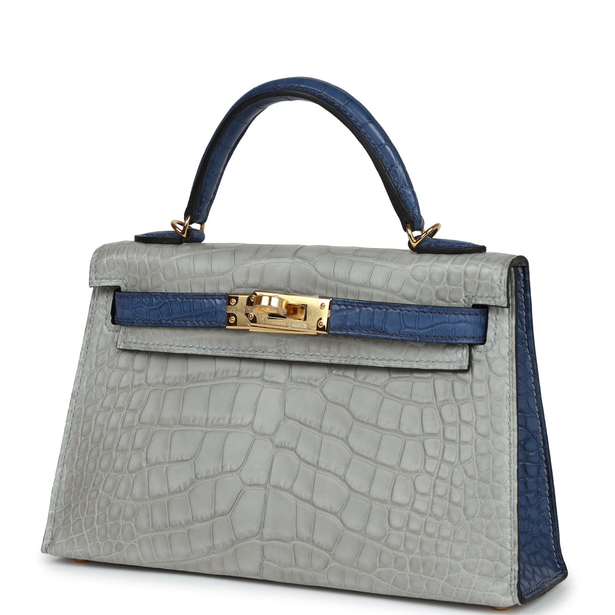 Hermès Special Order (HSS) Kelly Sellier 20 Gris Perle and Bleu de Malte Matte Faux Leather Gold Hardware