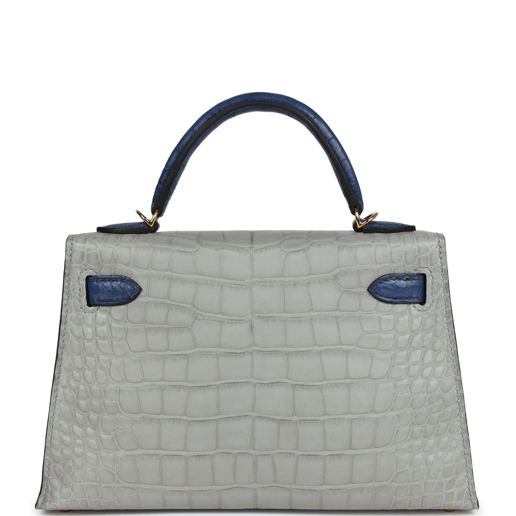 Hermès Special Order (HSS) Kelly Sellier 20 Gris Perle and Bleu de Malte Matte Faux Leather Gold Hardware