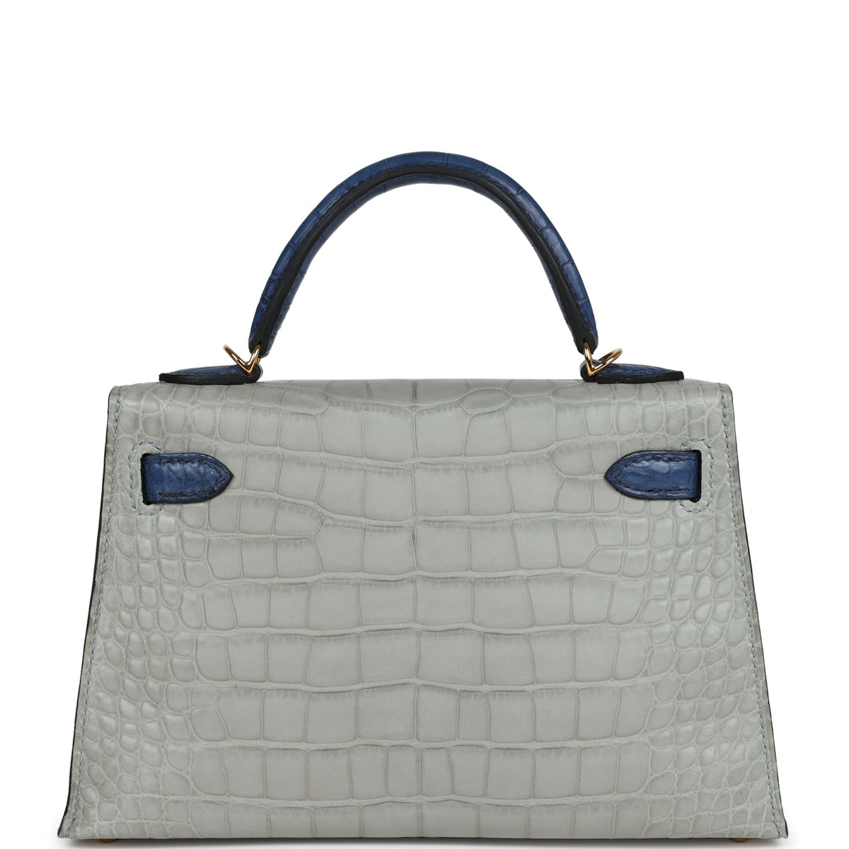 Hermès Special Order (HSS) Kelly Sellier 20 Gris Perle and Bleu de Malte Matte Faux Leather Gold Hardware