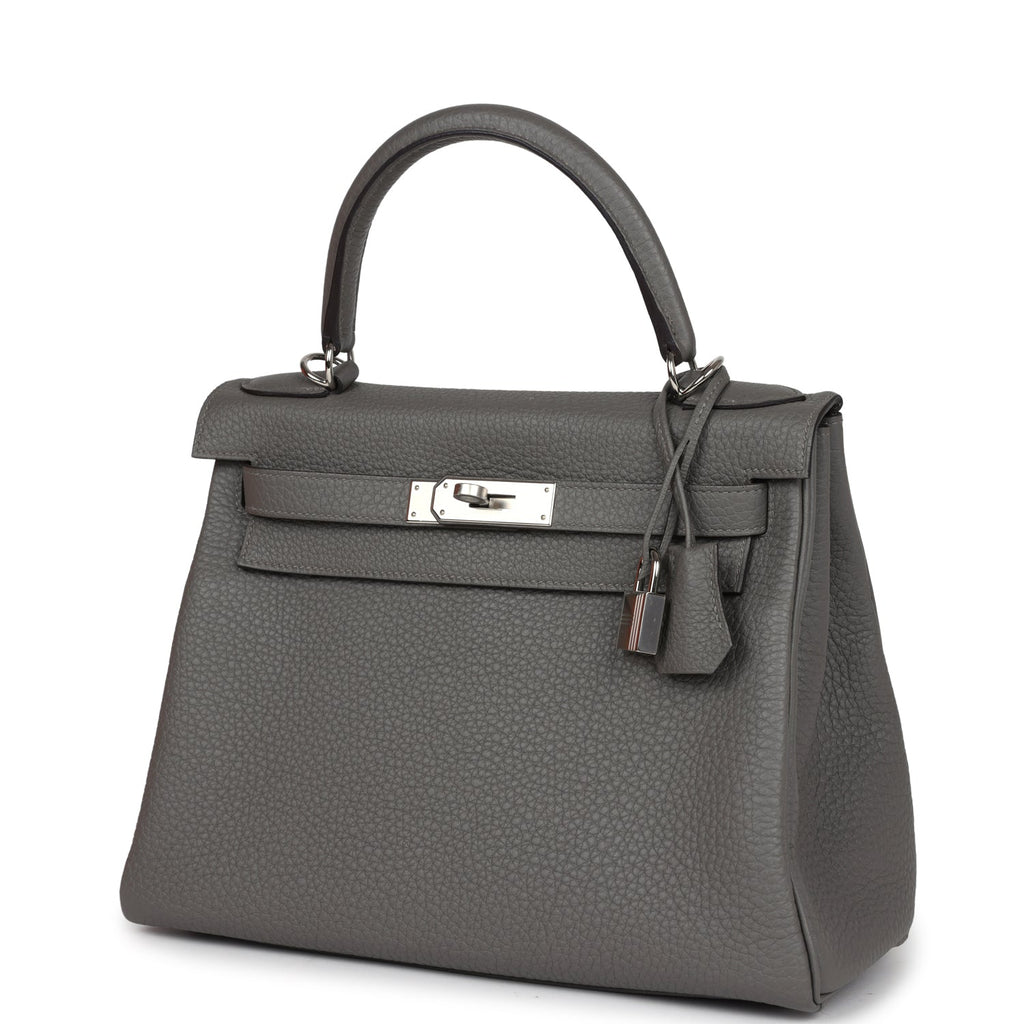 Hermès Kelly Retourne 28 Gris Meyer Clemence Palladium Hardware