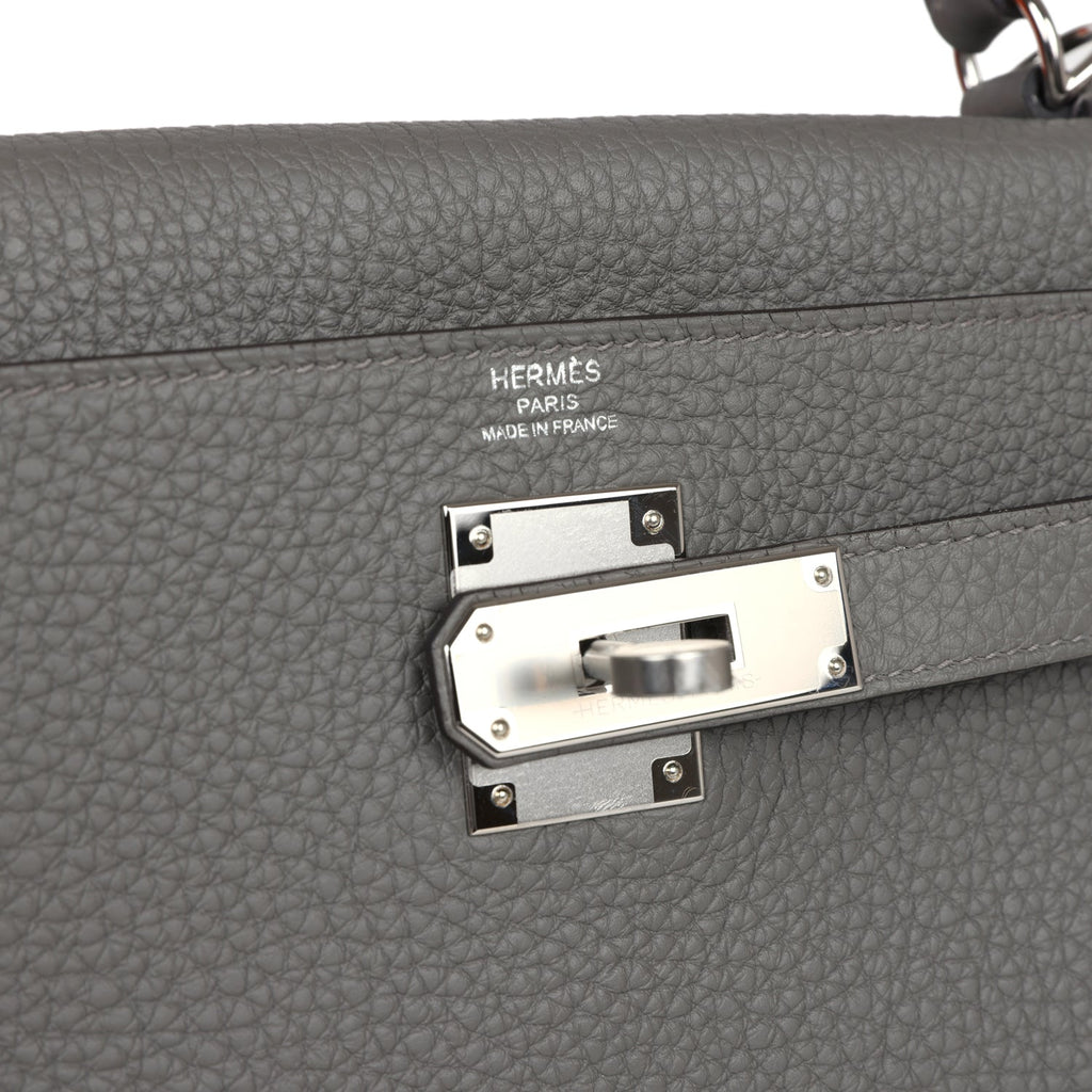 Hermès Kelly Retourne 28 Gris Meyer Clemence Palladium Hardware