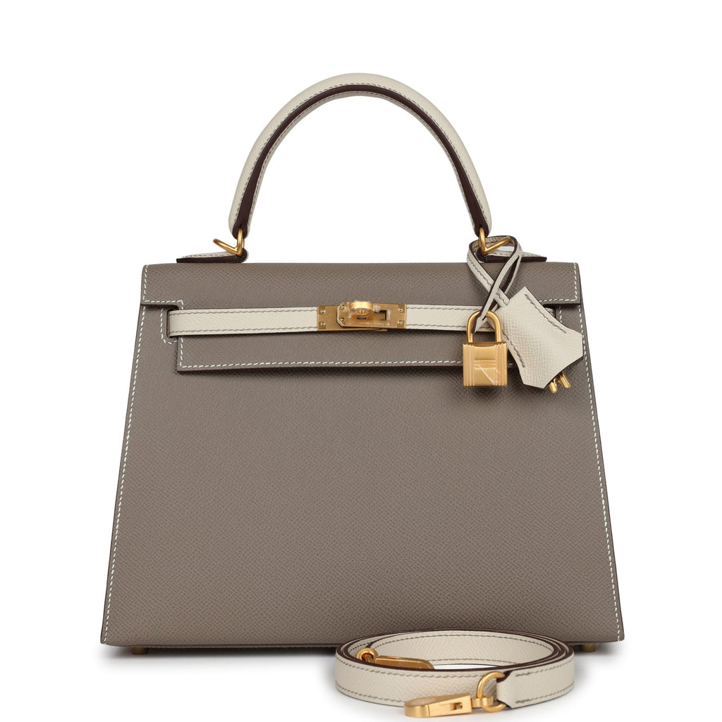 Hermès Special Order (HSS) Kelly Sellier 25 Etoupe and Craie Epsom Brushed Gold Hardware