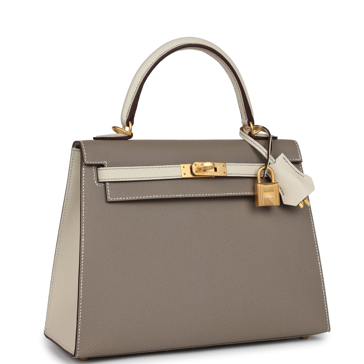 Hermès Special Order (HSS) Kelly Sellier 25 Etoupe and Craie Epsom Brushed Gold Hardware