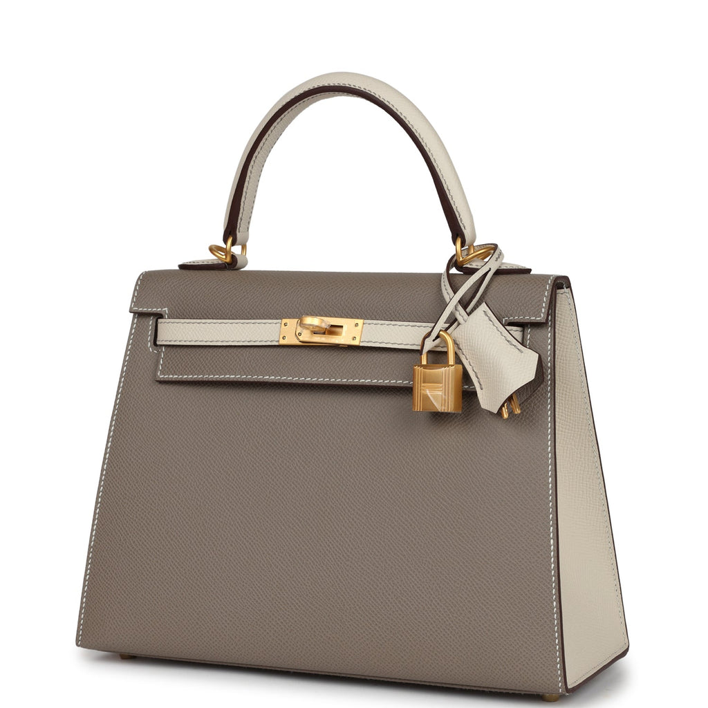 Hermès Special Order (HSS) Kelly Sellier 25 Etoupe and Craie Epsom Brushed Gold Hardware