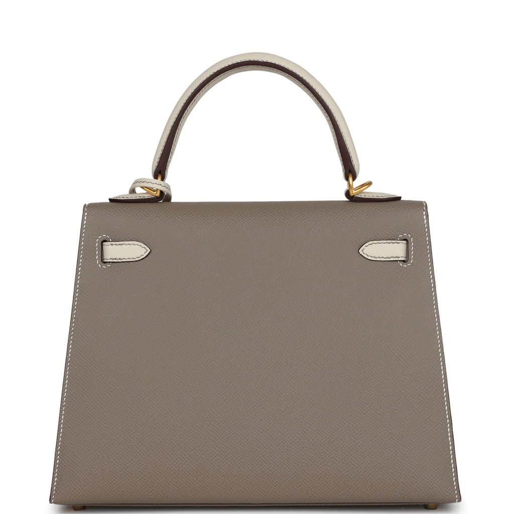 Hermès Special Order (HSS) Kelly Sellier 25 Etoupe and Craie Epsom Brushed Gold Hardware