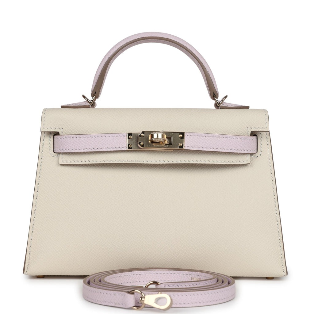 Hermès Special Order (HSS) Kelly Sellier 20 Craie and Mauve Pale Epsom Permabrass Hardware