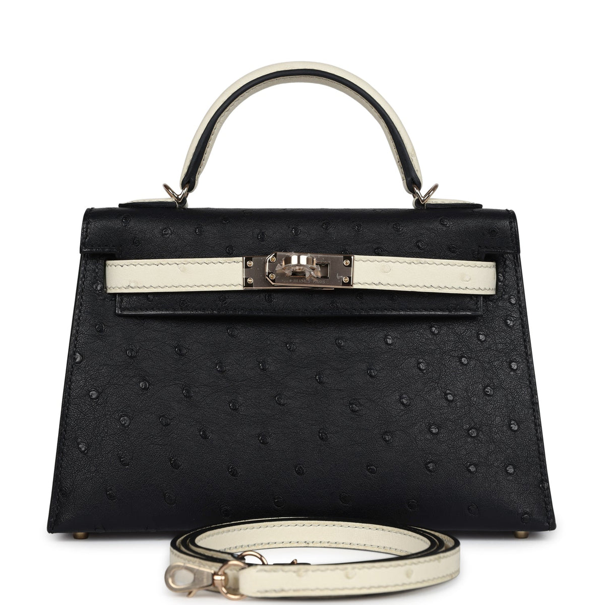 Hermès Special Order (HSS) Kelly Sellier 20 Black and Beton Ostrich Permabrass Hardware