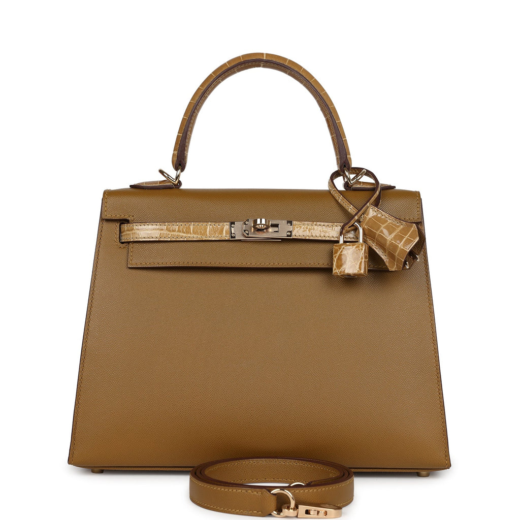 Hermès Kelly Sellier 25 Bronze Dorè Madame-textured Faux Leather and Sable Shiny Faux Leather Touch Permabrass Hardware