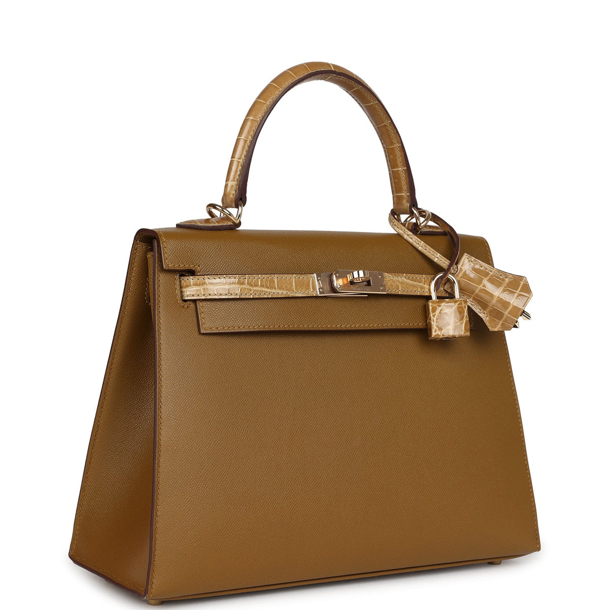 Hermès Kelly Sellier 25 Bronze Dorè Madame-textured Faux Leather and Sable Shiny Faux Leather Touch Permabrass Hardware