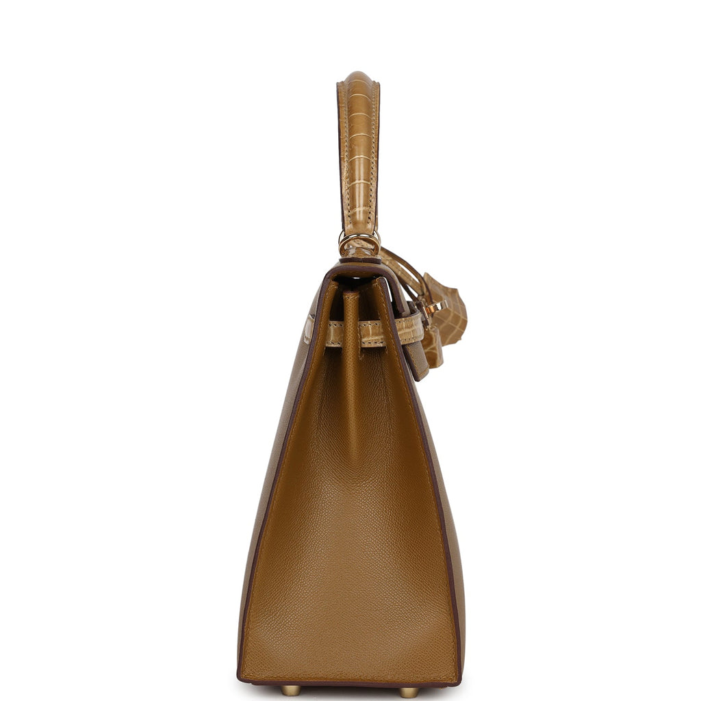 Hermès Kelly Sellier 25 Bronze Dorè Madame-textured Faux Leather and Sable Shiny Faux Leather Touch Permabrass Hardware