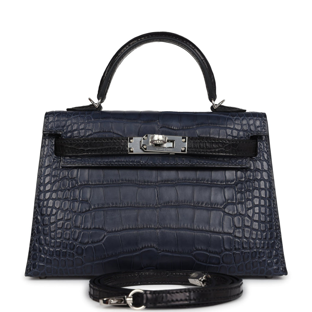 Hermès Special Order (HSS) Kelly Sellier 20 Bleu Indigo and Black Matte Faux Leather Palladium Hardware