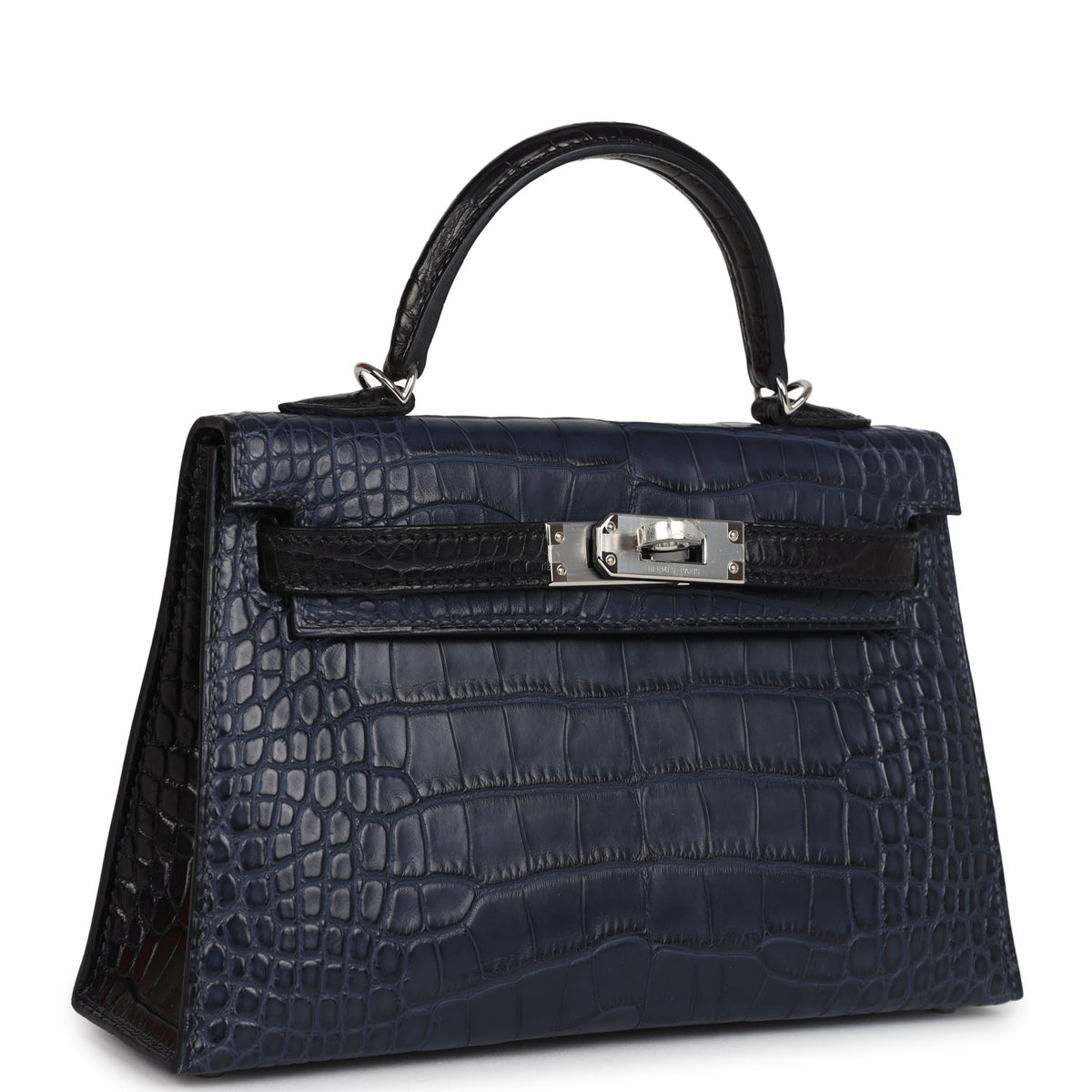 Hermès Special Order (HSS) Kelly Sellier 20 Bleu Indigo and Black Matte Faux Leather Palladium Hardware