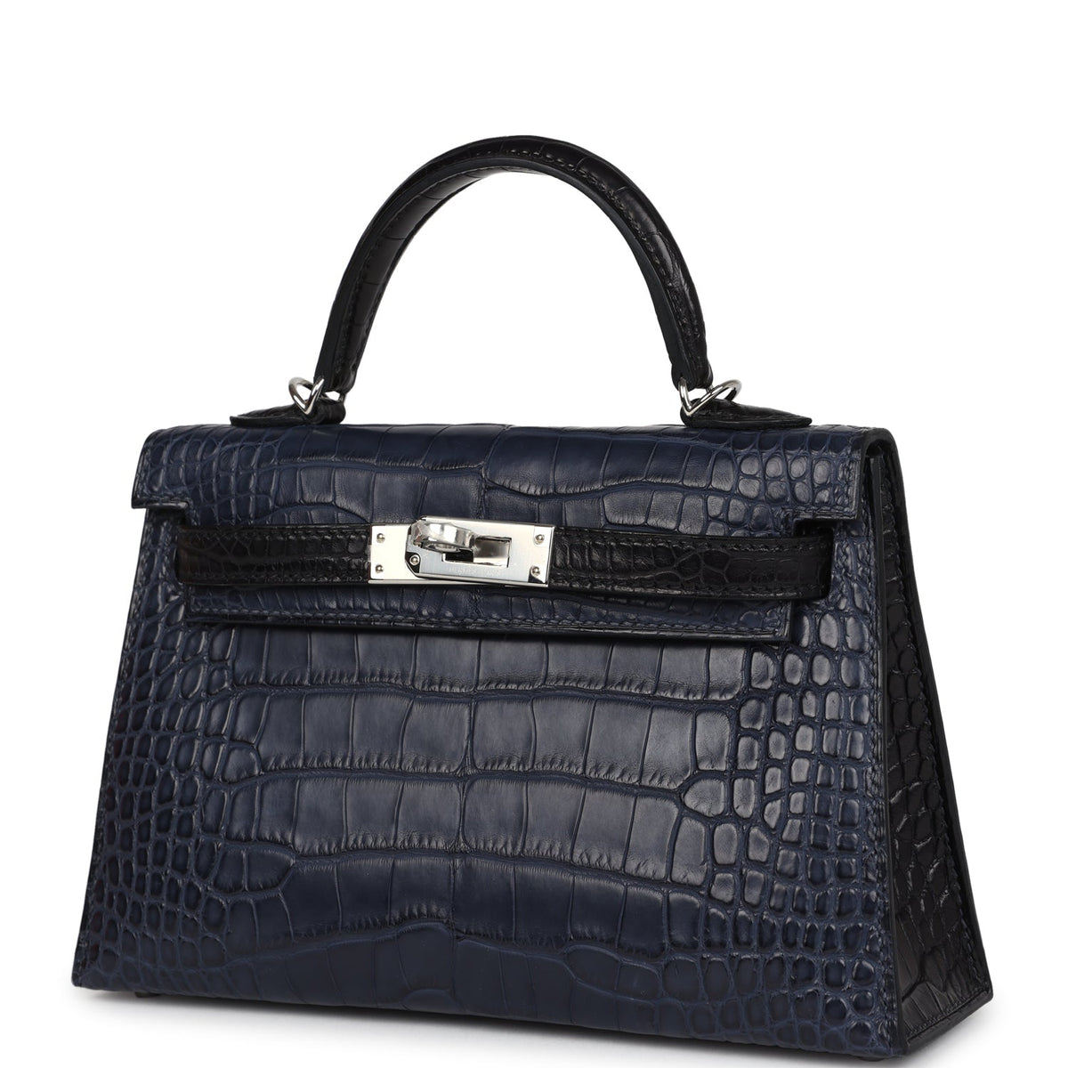 Hermès Special Order (HSS) Kelly Sellier 20 Bleu Indigo and Black Matte Faux Leather Palladium Hardware