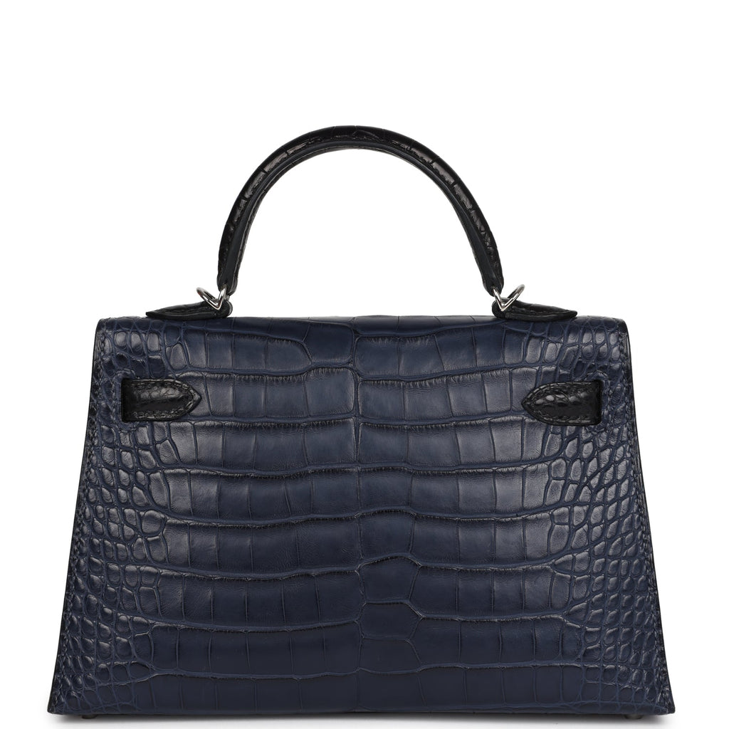 Hermès Special Order (HSS) Kelly Sellier 20 Bleu Indigo and Black Matte Faux Leather Palladium Hardware