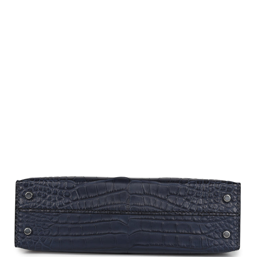 Hermès Special Order (HSS) Kelly Sellier 20 Bleu Indigo and Black Matte Faux Leather Palladium Hardware