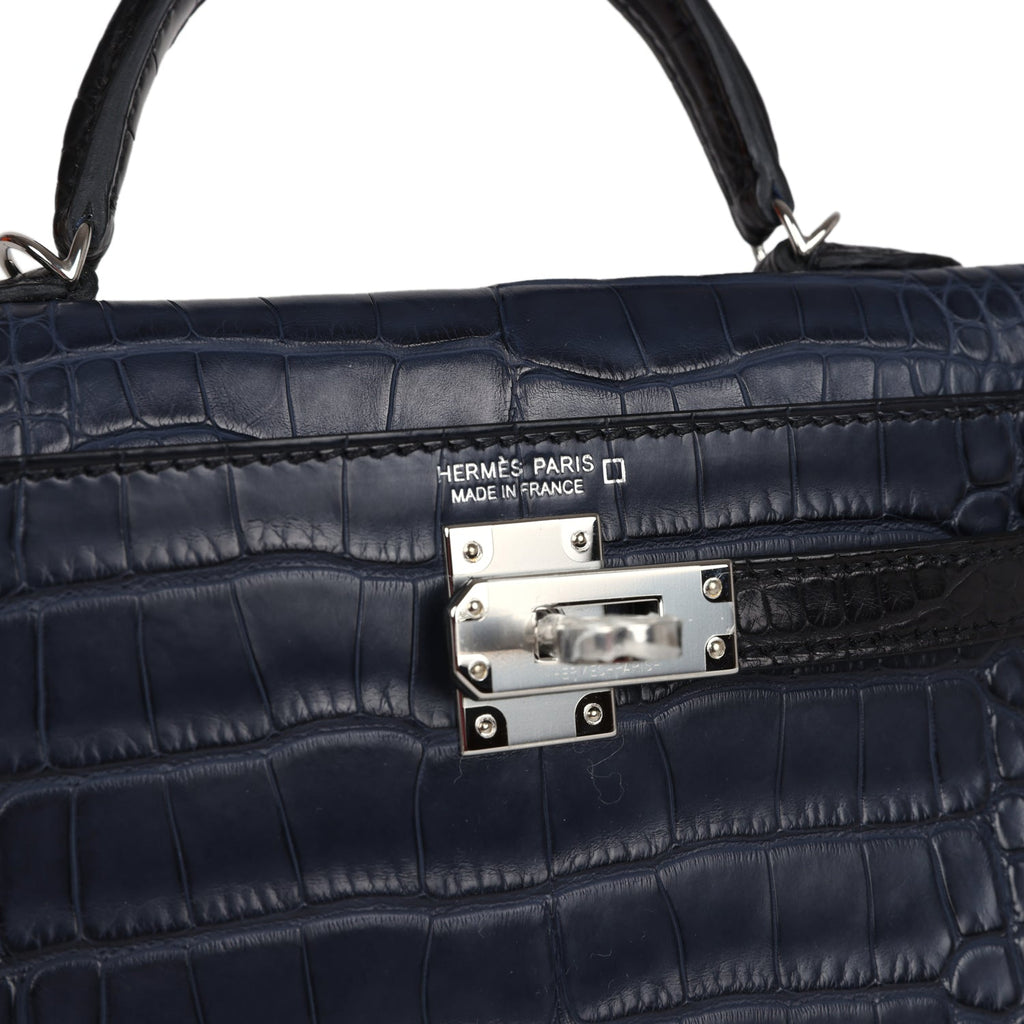 Hermès Special Order (HSS) Kelly Sellier 20 Bleu Indigo and Black Matte Faux Leather Palladium Hardware