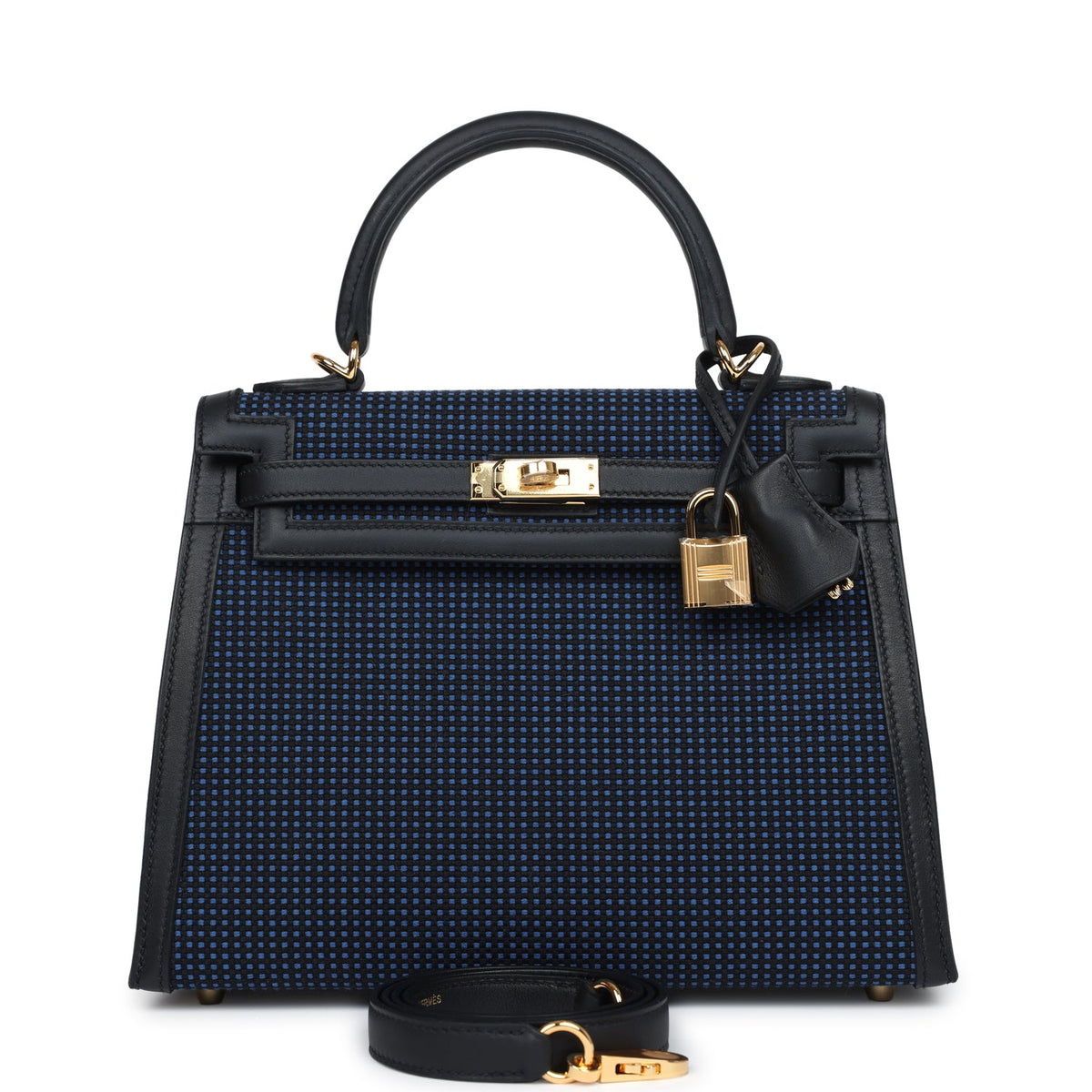 Hermès Quadrille Kelly Sellier 25 Black Swift and Bleu Saphir Toile Gold Hardware