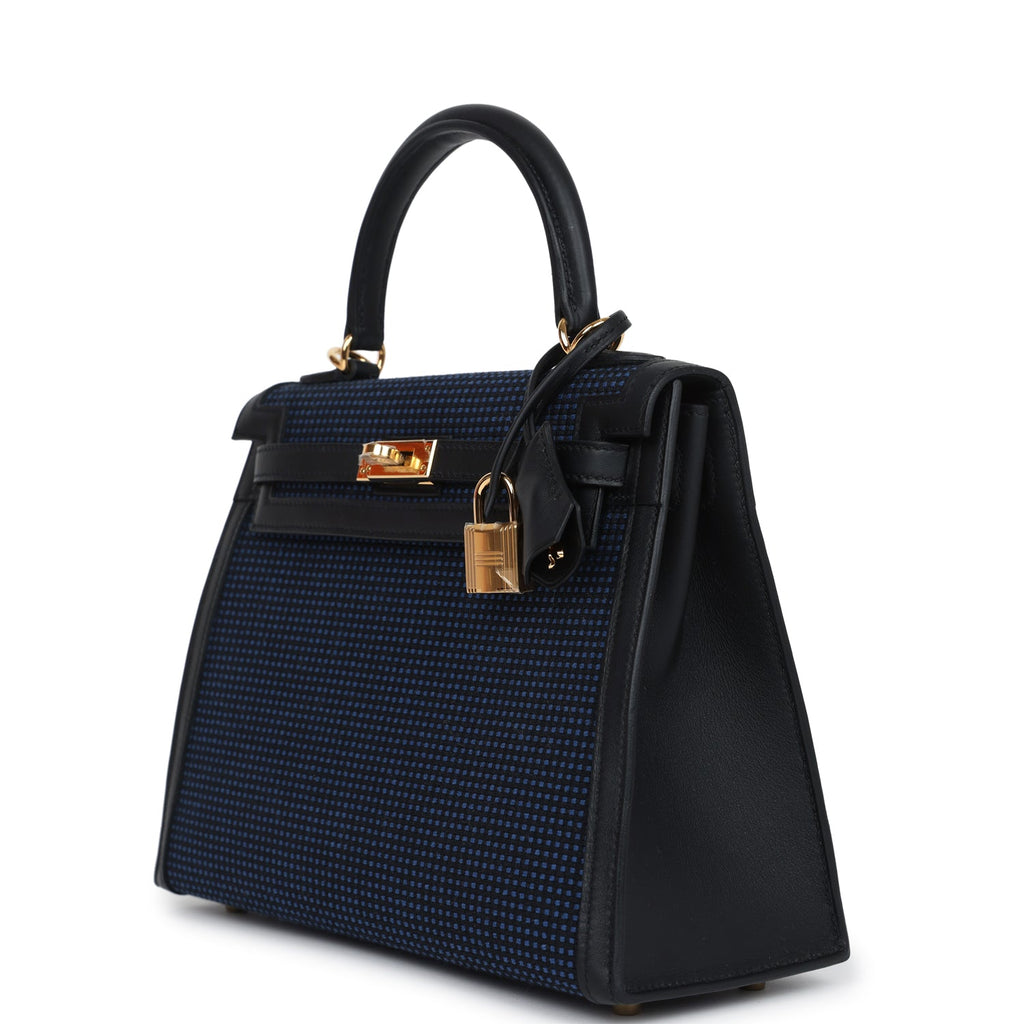 Hermès Quadrille Kelly Sellier 25 Black Swift and Bleu Saphir Toile Gold Hardware