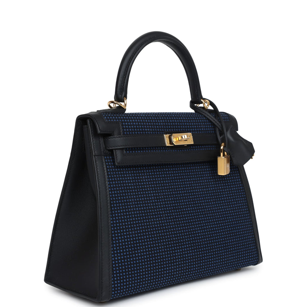 Hermès Quadrille Kelly Sellier 25 Black Swift and Bleu Saphir Toile Gold Hardware