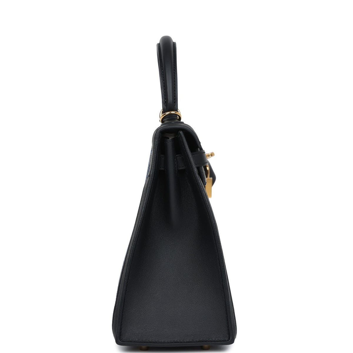 Hermès Quadrille Kelly Sellier 25 Black Swift and Bleu Saphir Toile Gold Hardware