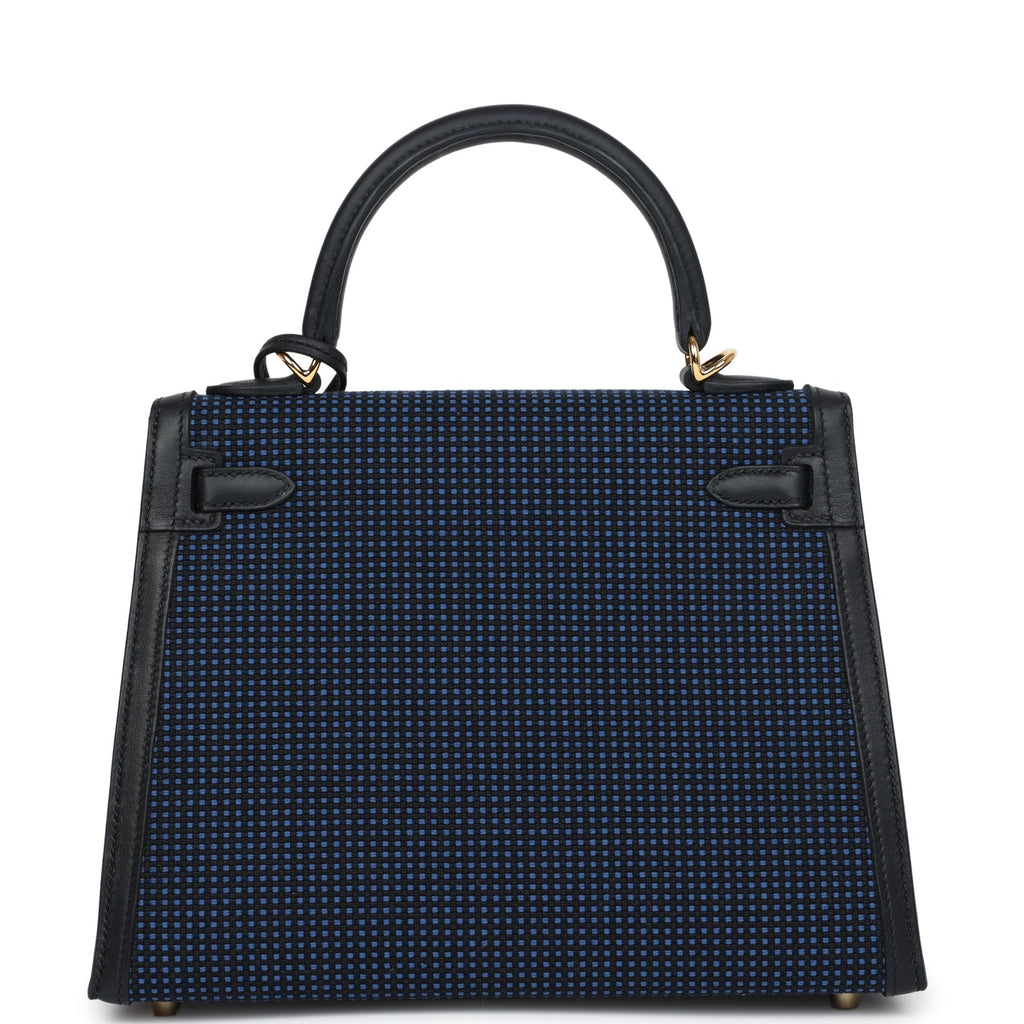 Hermès Quadrille Kelly Sellier 25 Black Swift and Bleu Saphir Toile Gold Hardware