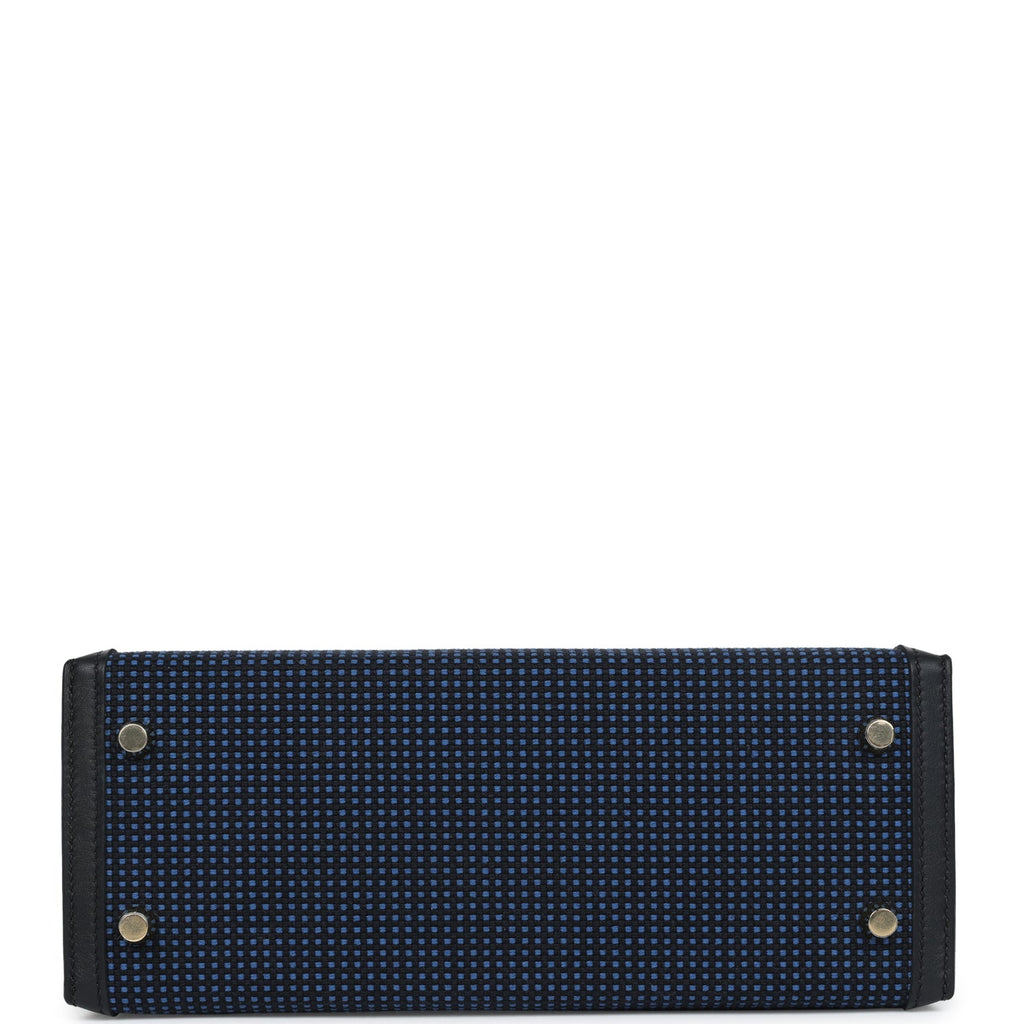 Hermès Quadrille Kelly Sellier 25 Black Swift and Bleu Saphir Toile Gold Hardware