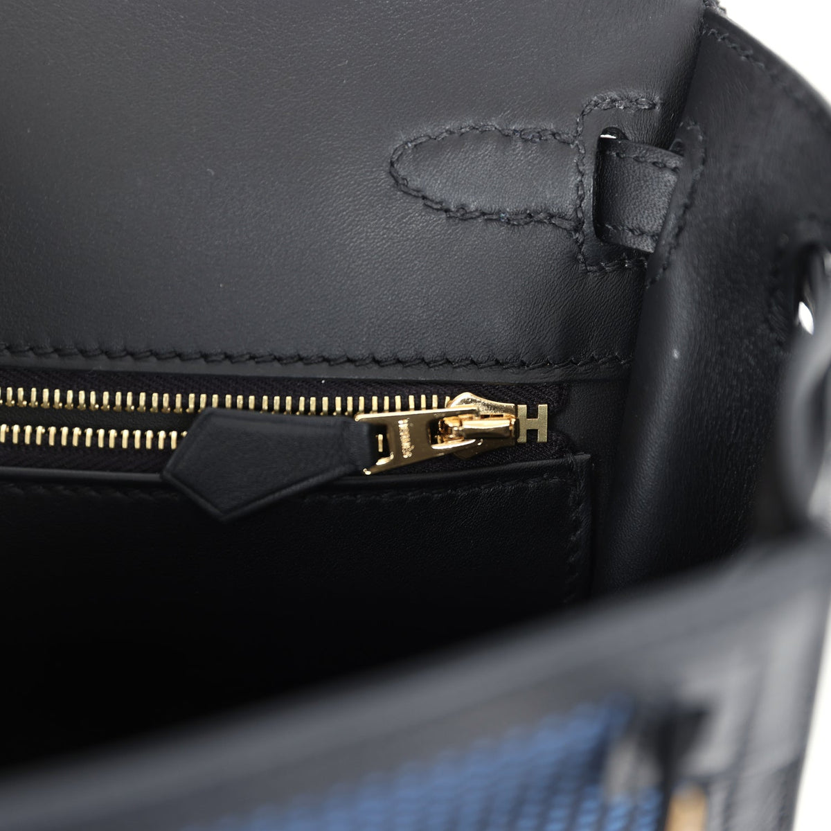 Hermès Quadrille Kelly Sellier 25 Black Swift and Bleu Saphir Toile Gold Hardware