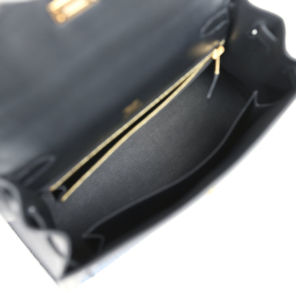 Hermès Quadrille Kelly Sellier 25 Black Swift and Bleu Saphir Toile Gold Hardware