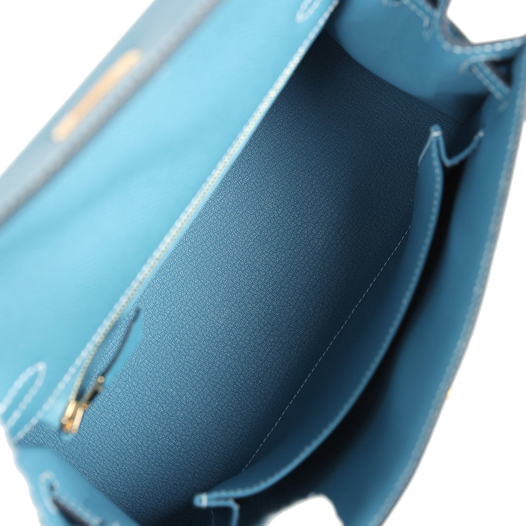Hermès Kelly Sellier 25 Blue Jean Epsom Gold Hardware