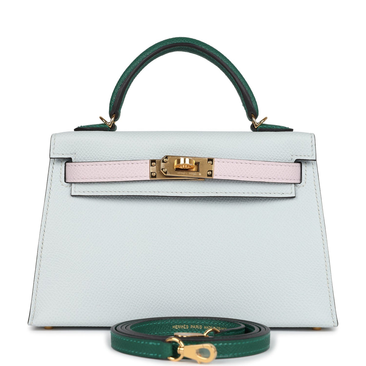 Hermès Kelly Sellier 20 Tri-color Gris Platine, Mauve Pale and Vert Moyen Epsom Gold Hardware