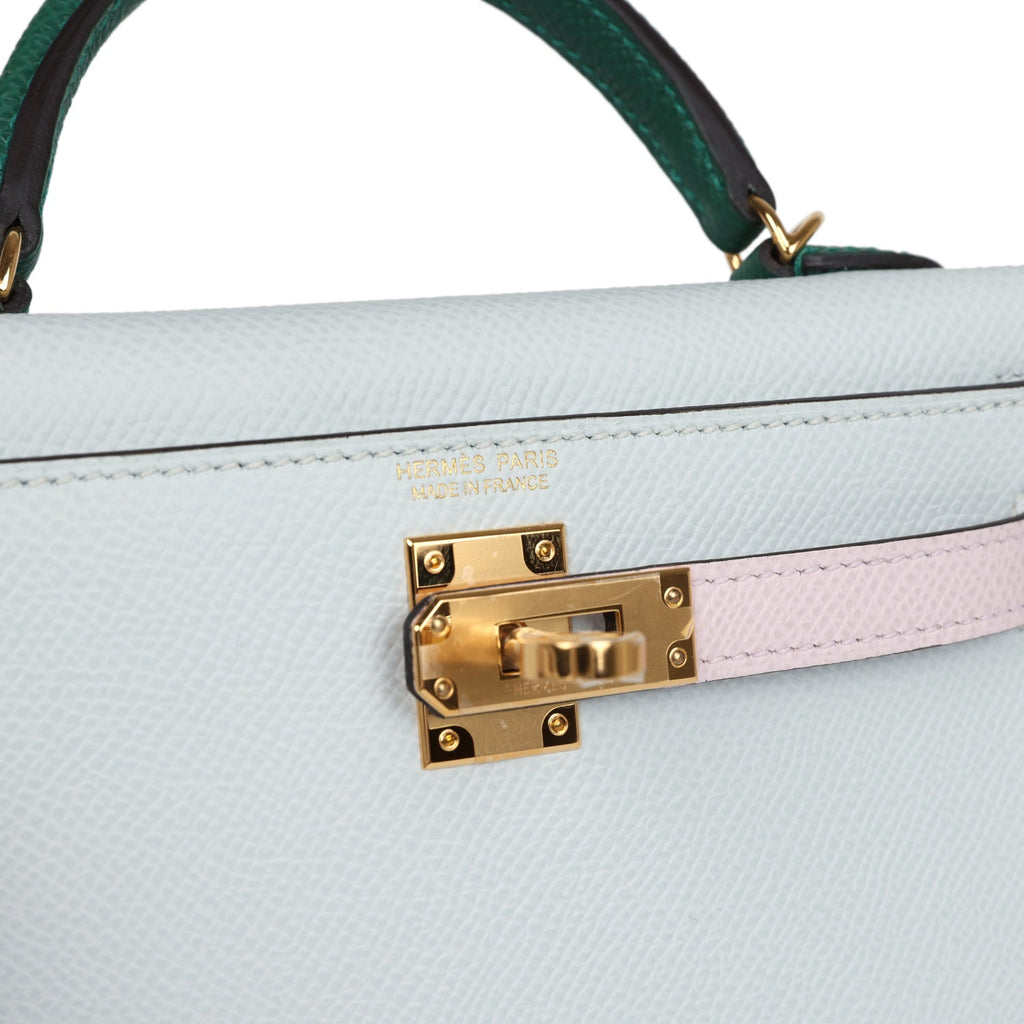 Hermès Kelly Sellier 20 Tri-color Gris Platine, Mauve Pale and Vert Moyen Epsom Gold Hardware