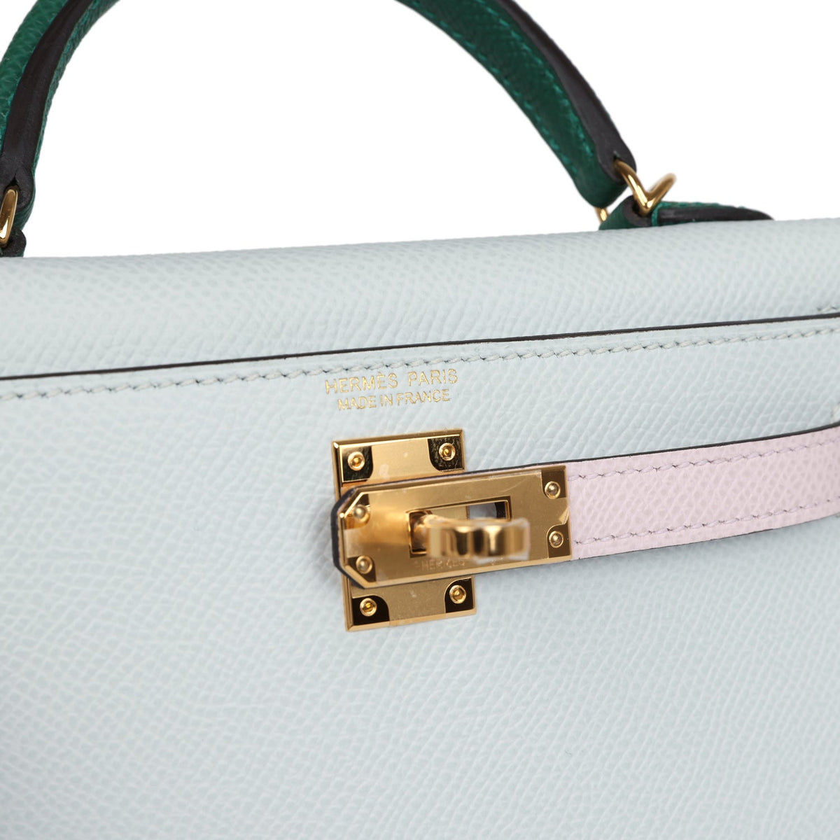 Hermès Kelly Sellier 20 Tri-color Gris Platine, Mauve Pale and Vert Moyen Epsom Gold Hardware