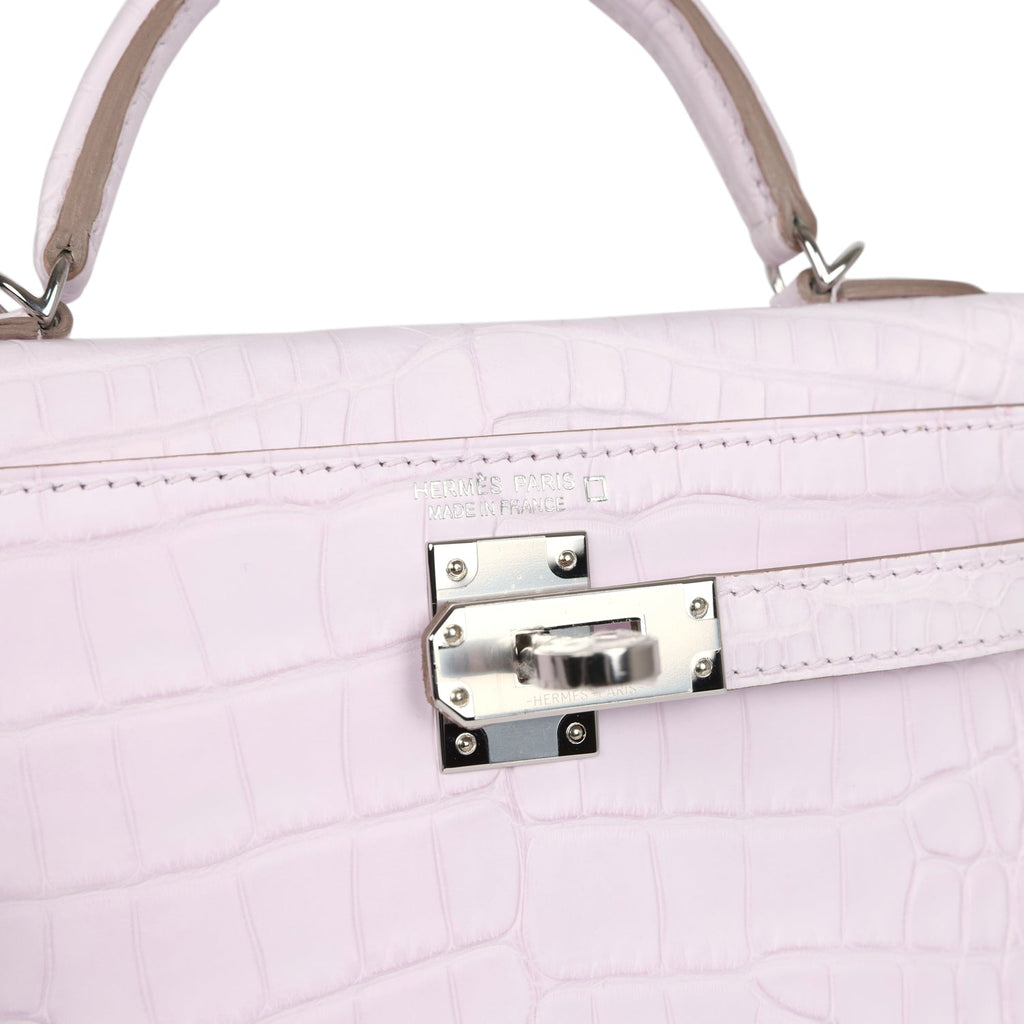 Hermès Kelly Sellier 20 Mauve Pale Boreal Satin Faux Leather Palladium Hardware